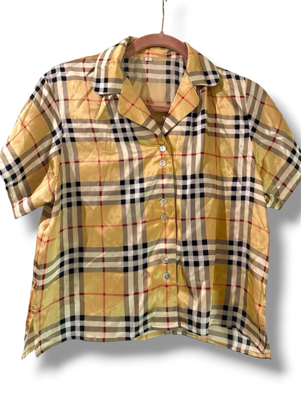 Burberry Tan Plaid Short Sleeve Button-Up Blouse. Size L. Brand New Rare.